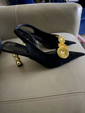 Black Slingback Faux Suede Heels with Gold Disc Accent
NEW in box